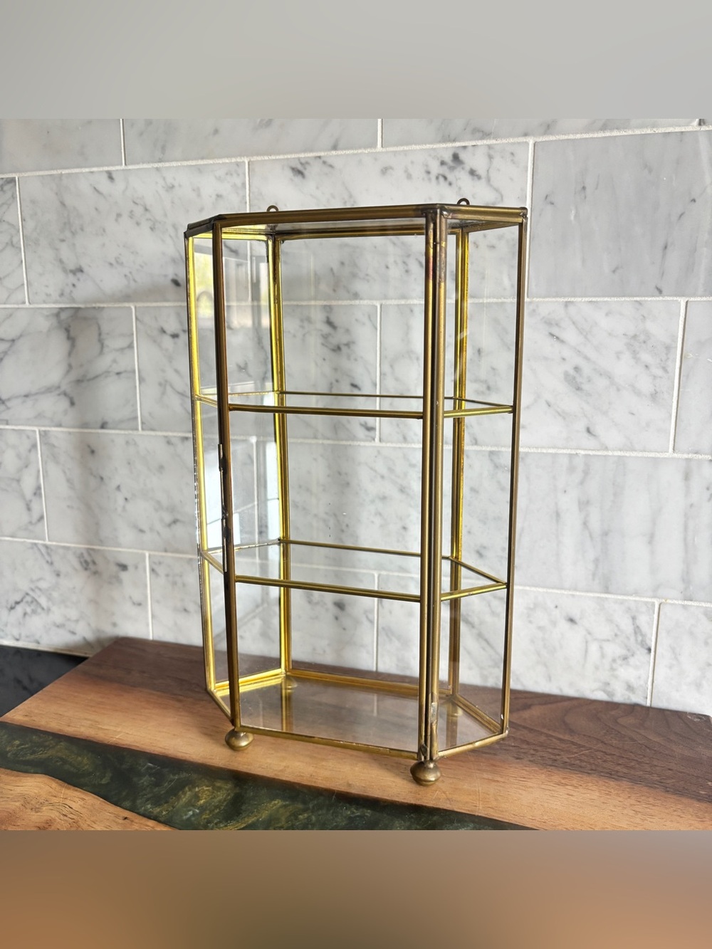 Vintage 9.5” Brass and Glass Curio Cabinet - Wall Hanging or Table Top